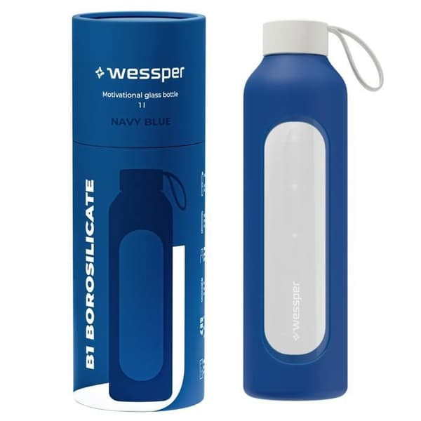 Glasflaska - WESSPER B1 BOROSILICATE - 1000ml - Silikonfodral - marinblå