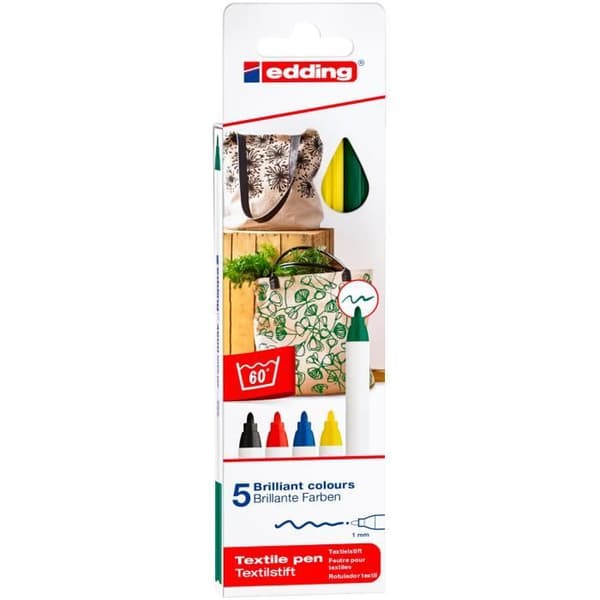 Textilmarkörer - EDDING - 4600 - Set om 5 - Spets 1 mm - Tvättbar vid 60 °C