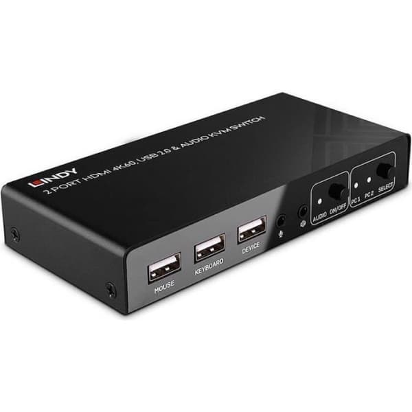 KVM-switch - Lindy - 2 portar - HDMI 4K60 - USB 2.0 - Ljud