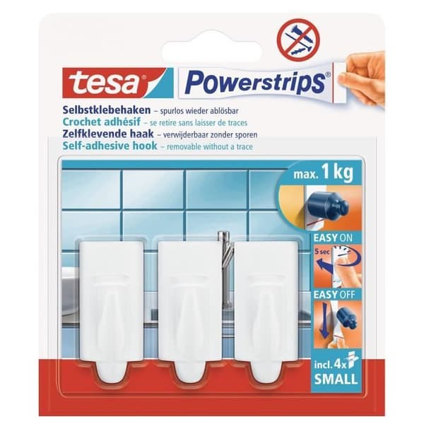 TESA 3 Mini Designer Krokar + 4 Mini Powerstrips - Vit