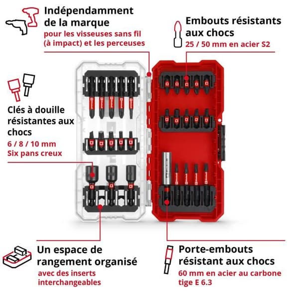 Einhell S-CASE Förpackning med 28 st chockbeständiga bits (25 mm bits, 50 mm bits, 60 mm bitsfäste, hylsor)