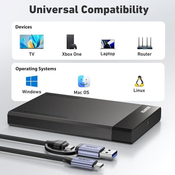 BENFEI Hårddisklåda 2.5, USB C/ USB A till SATA 2,5", för SSD och HDD 6 Gbps, Stöder UASP SATA III.