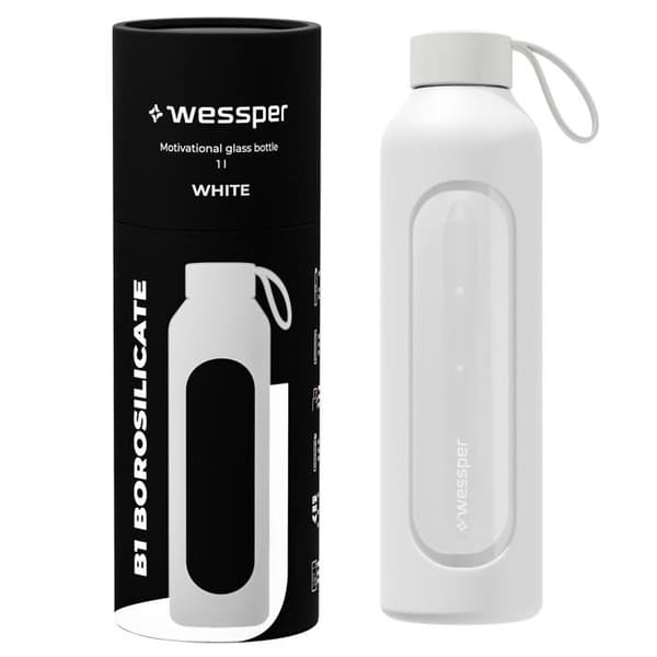 Glasflaska - WESSPER B1 BOROSILICATE - 1000ml - Silikonfodral - vit