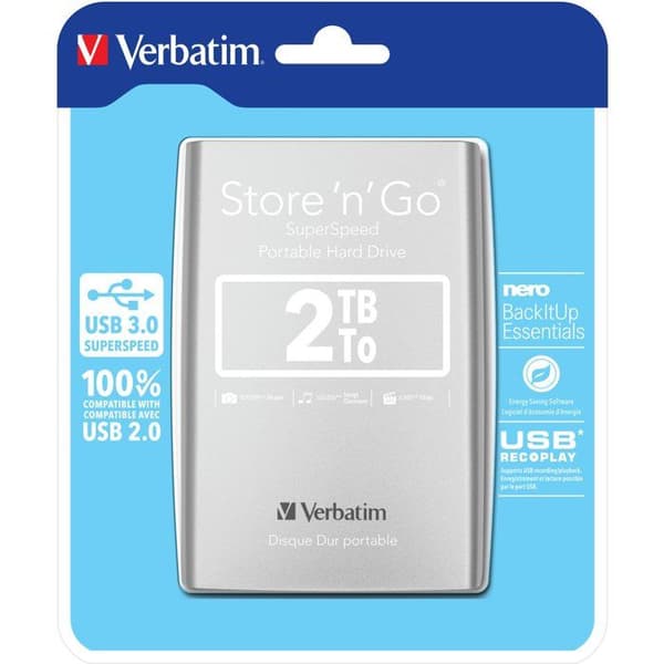 Extern hårddisk - Verbatim - Store'N'Go - 2.5" - 2 To - USB 3.0 - Silver