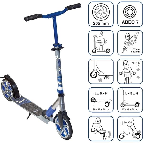 Aluminium Trottinette Deluxe 205 mm grå-blå