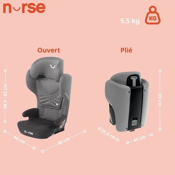 Bilbarnstol Nurse Spring iSize för Barn 4-12 År, Isofix, Fällbar, Nejlbar, Grå