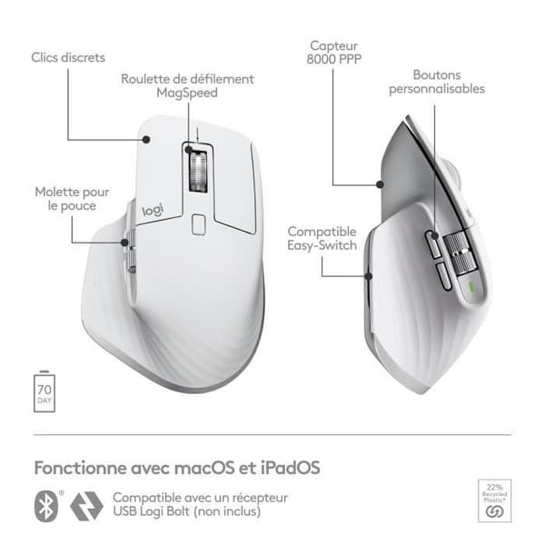 Mus - Trådlös - Logitech - MX Master 3S - Ljusgrå - För Mac