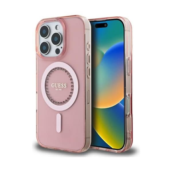 Coque Guess IML Rhinestones MagSafe för iPhone 16 Pro - Rosa