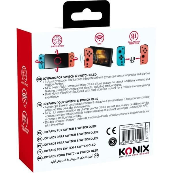 Joypads - Nintendo Switch och Switch OLED - KONIX - Autonomi 8 h - Vibrationsfunktion - Blå och röd