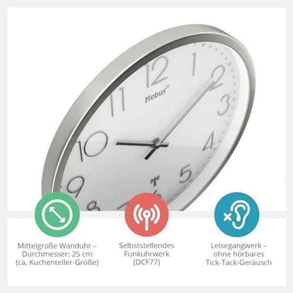 Väggklocka - Mebus - TinyTime - Radiostyrd - Tyst - 25 cm