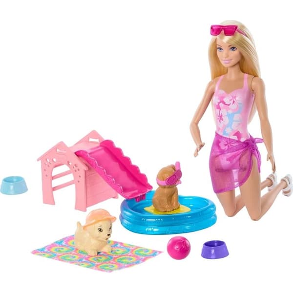 Barbie - Poolset med valpar och docka