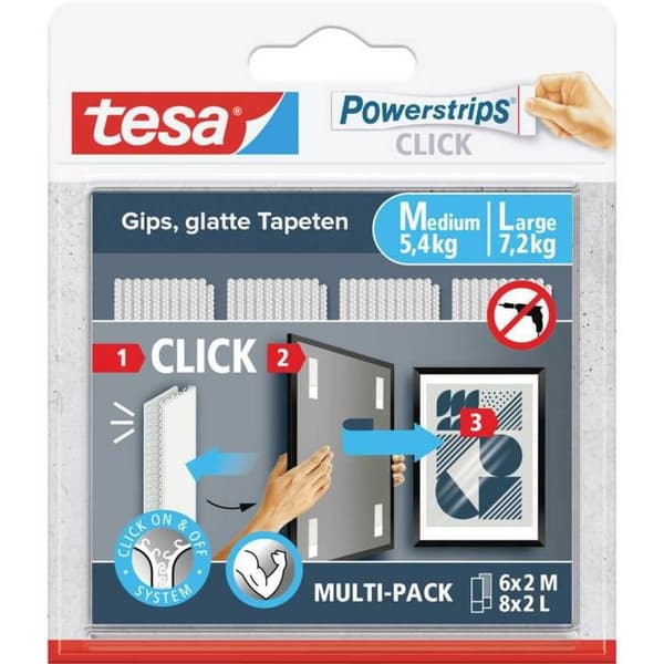 Klistret pastiller - TESA - CLICK - 14 par (6x2 Medium, 8x2 Large) - Grå - Klicksystem on/off