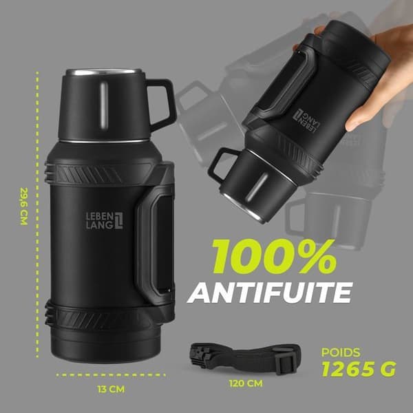 LEBENLANG Termos kaffe inox 1,5 L — 24h varm/kall, mugg, sil & rem