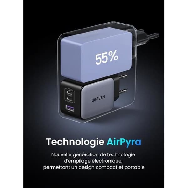 USB-C-laddare - UGREEN - Nexode X - 65W - 3 portar - GaNInfinity