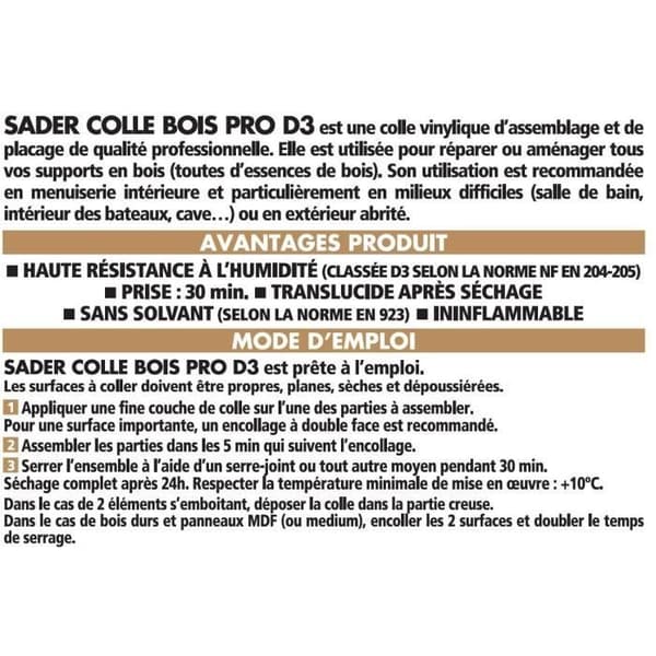 SADER Glue Bois Pro D3 - 750g flaska