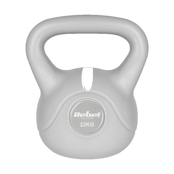 Grå kettlebell på 22 kg, viktad hantel för magövningar.
