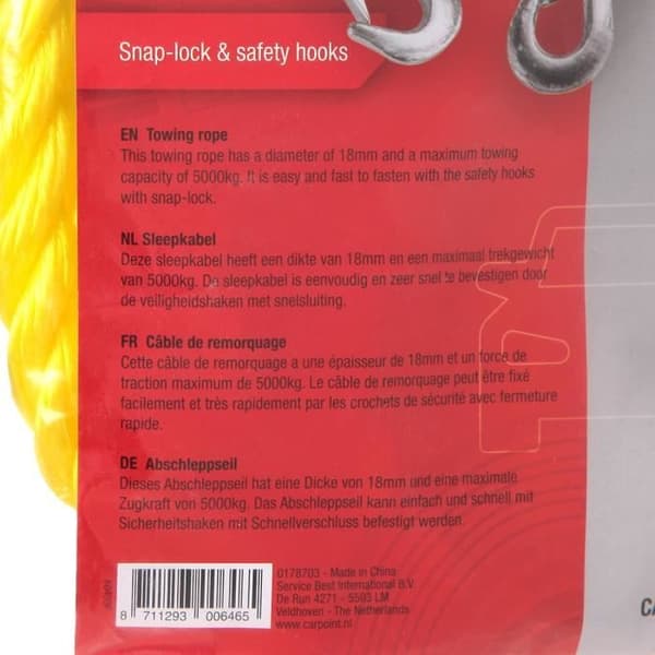 CARPOINT Bärgkabel 0178703 + säkerhetskrokar - 3m x 18 mm - 5000kg