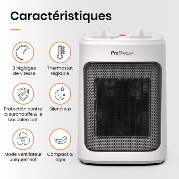 Pro Breeze Mini Ceramic Heater 2000 W - 3 effektnivåer - Compact Space Heater - Vit