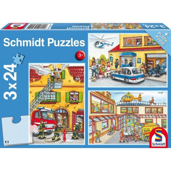 Pussel barn - SCHMIDT - 3 pussel med 24 bitar - Brandmän & Polis - 3x24 bitar