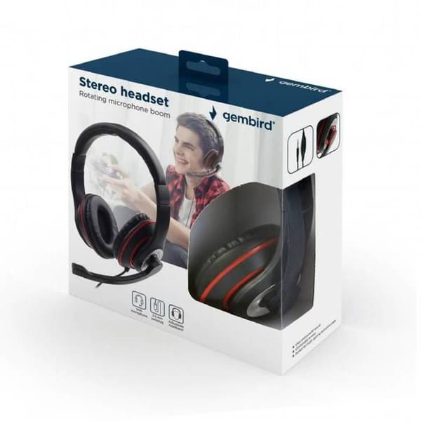Gembird Wired on-ear headset svart, röd justerbar volym, headset