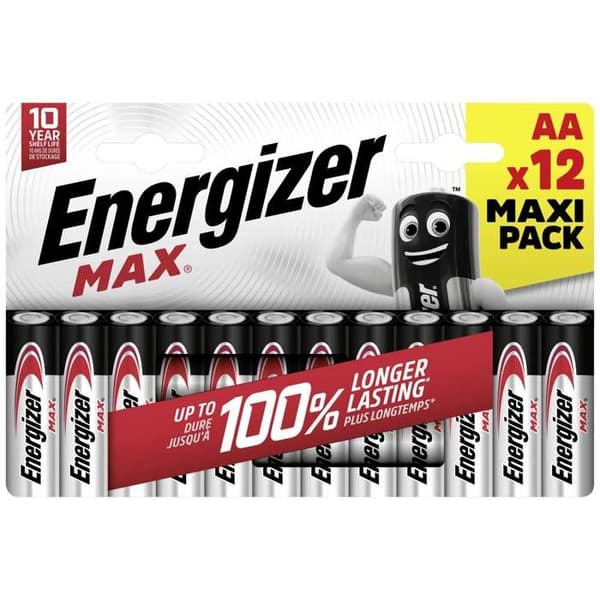 Alkaliska batterier - Energizer - LR6 (AA) - Pack om 12 - Läckageskydd - 10 års lagring