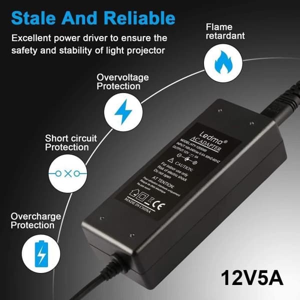 LEDMO Transformator Adapter 12V 5A 60W för LED-remsa - EU-kontakt & universell DC-kontakt