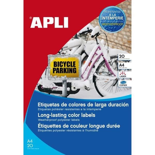 20-pack utomhusetiketter APLI polyester gul 21 x 29,7 cm