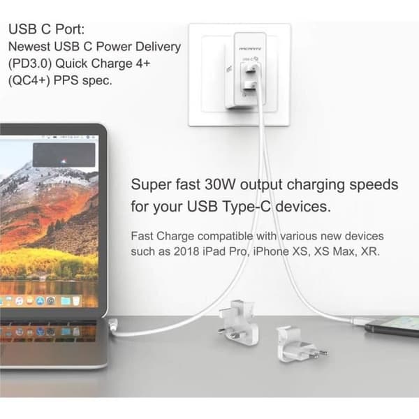 Laddare USB ARCANITE 30W USB C PD3.0QC4PPS och USB A QC3.0 18W
