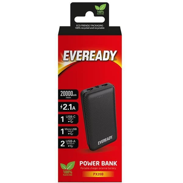 Batteri Externa - ENERGIZER - EVEREADY PX20B - 20000 mAh - USB-A/Micro-USB - Svart