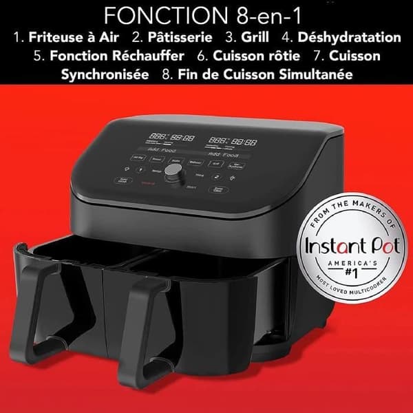 Luftfritös - Instant Pot - Vortex Plus XL - 7,6 liter, effekt 1700W - Dubbelkompartiment och genomskinligt glas - 8 program