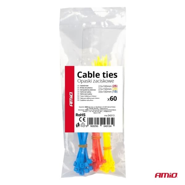 Flerfärgade plastspännband, 60-pack AMIO-04313