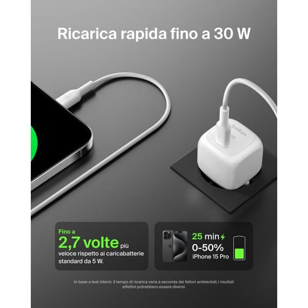 Belkin USB-C Snabbladdare 30W Vägg för iPhone iPad Samsung Galaxy Vit