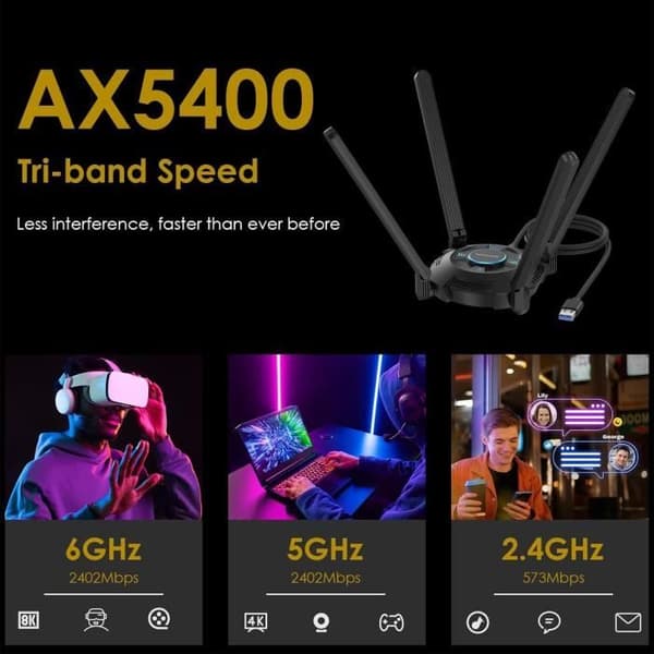WiFi 6E-adapter - WAVLINK - AX5400 - 5377 Mbps - USB 3.0 - Svart
