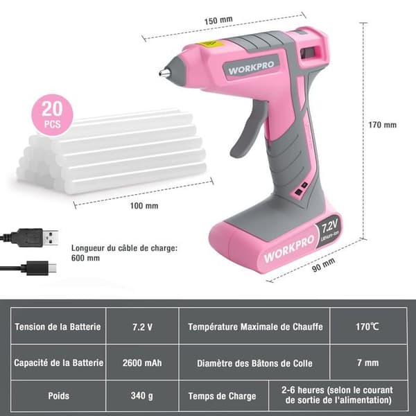 WORKPRO 7,2 V trådlös limpistol med 2000 mAh batteri och 20 limstavar