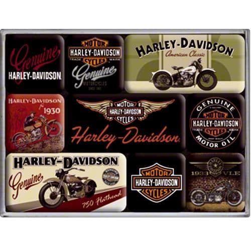 Box med 9 miniemalj Harley motorcykelmagneter