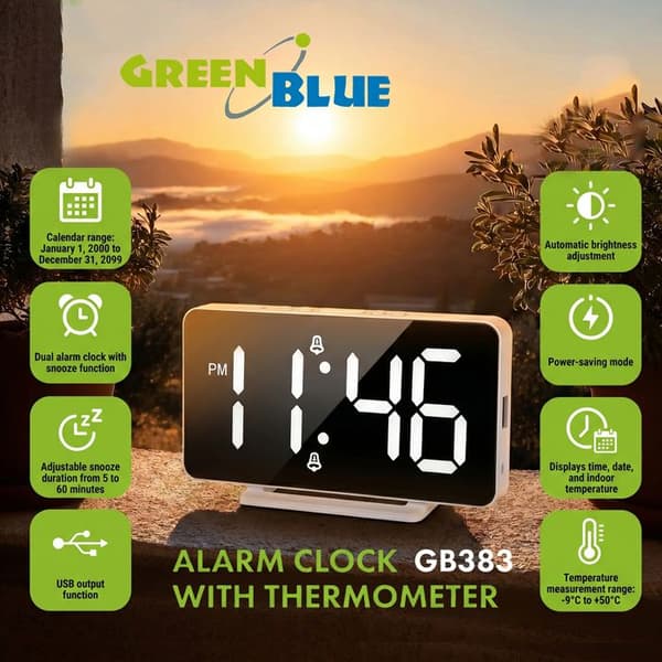 GreenBlue - Klocka / Väckarklocka med alarm och termometer - LED - Vit
