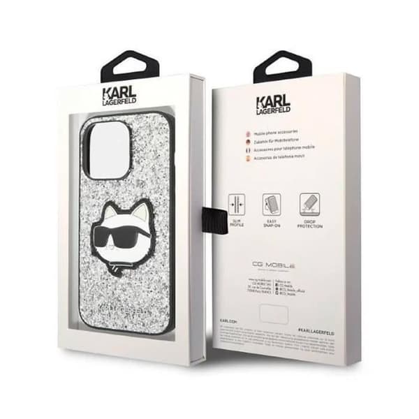 KARL LAGERFELD Coque iPhone 14 Pro Max Glitter Choupette Patch Silver
