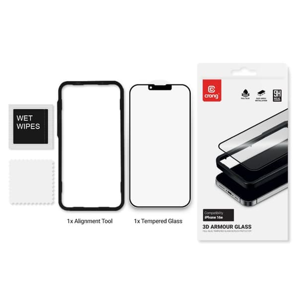 Crong 3D Armor Glass härdat glas för iPhone 16e / iPhone 14 / iPhone 13 / iPhone 13 Pro + Installationsram