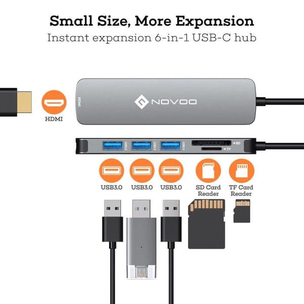 USB-C Hub - NOVOO - 4K HDMI - 3 x USB 3.0 - SD/Micro SD-läsare - Plug and Play