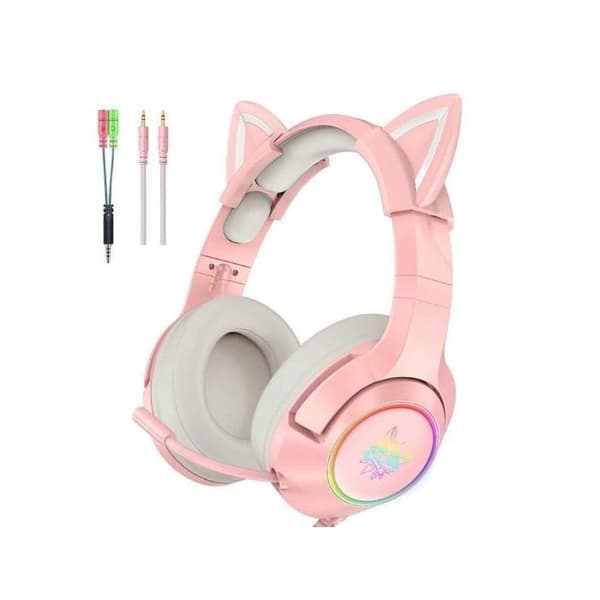 Spelheadset - ONIKUMA - K9 - Trådad - Mikrofon - Rosa med katteröron