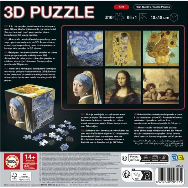 "Pussel 3D - EDUCA - Cube Konst - 216 Bit - 6 Pussel med 36 Bit - Spännande Utmaning 8 År + (20123)"