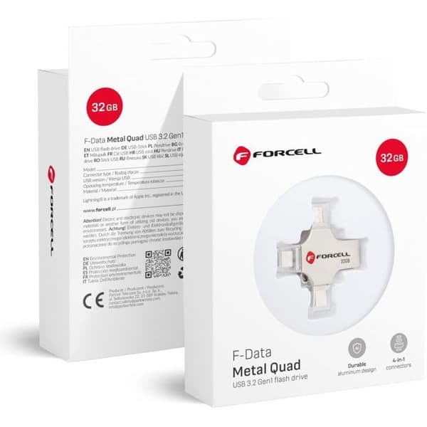 Cle usb Forcell USB-minne 3.2 Gen 1 32 Go (USB A / USB C / Lightning / Micro USB) F-Data Metal Quad silver