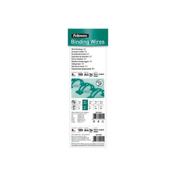 Bindtråd - FELLOWES - 8 mm - 34 ringar - A4 - 100 enheter - Silver