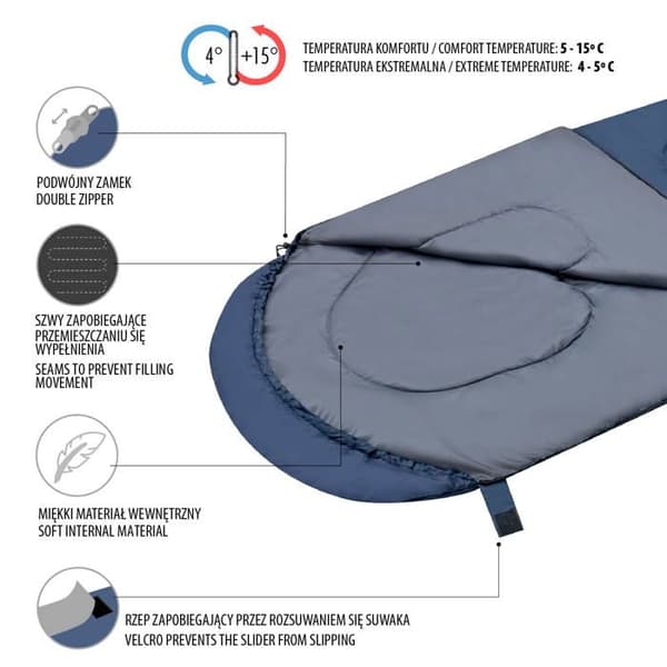 Sovsäck - NILS CAMP - NC2107 - Marinblå-Grå - Storlek M - 180+30 cm x 70 cm - Polyester