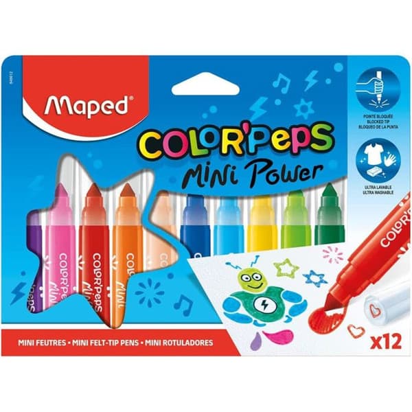 Filttusch - Color'peps - Mini Power - Förpackning med 12 - Blockspets - Ventilerad hatt - Tvättbar