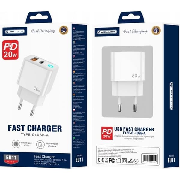 Laddare - strömadapter Jellico Laddare EU11 PD 20W 1xUSB-C + 1xUSB QC3.0 Vit