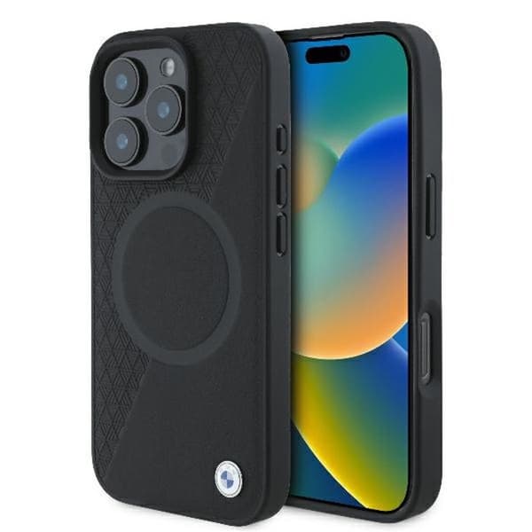 Mobilskal - BMW - iPhone 16 Pro - Prägad läder med halvtextur - MagSafe-ring - Svart