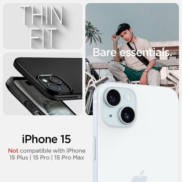 Telefonfodral - SPIGEN - Thin Fit - iPhone 15 - Svart - Ultrafin och stötresistent
