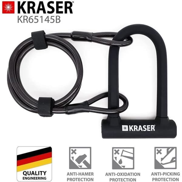 Cykellås - KRASER - KR65145B - Hög säkerhet - 120cm stålkabel - Universal Svart