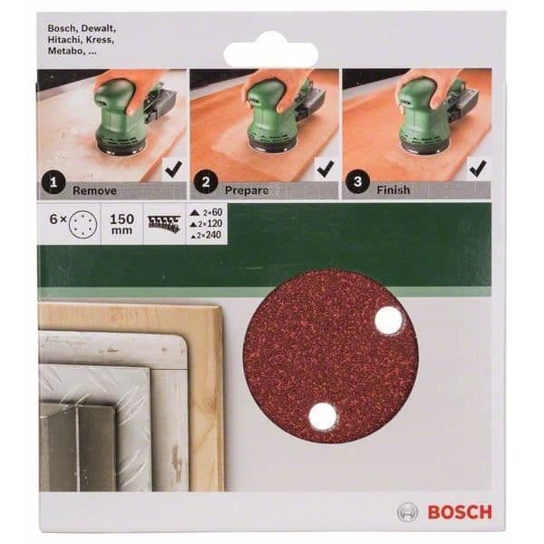 Slipskivor - BOSCH - 150 mm - Set med 6 delar - Excenterslip - Grepp